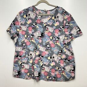 Disney Mickey Mouse Postcard Floral Print Scrub Top 3XL/3G Nursing Uniform